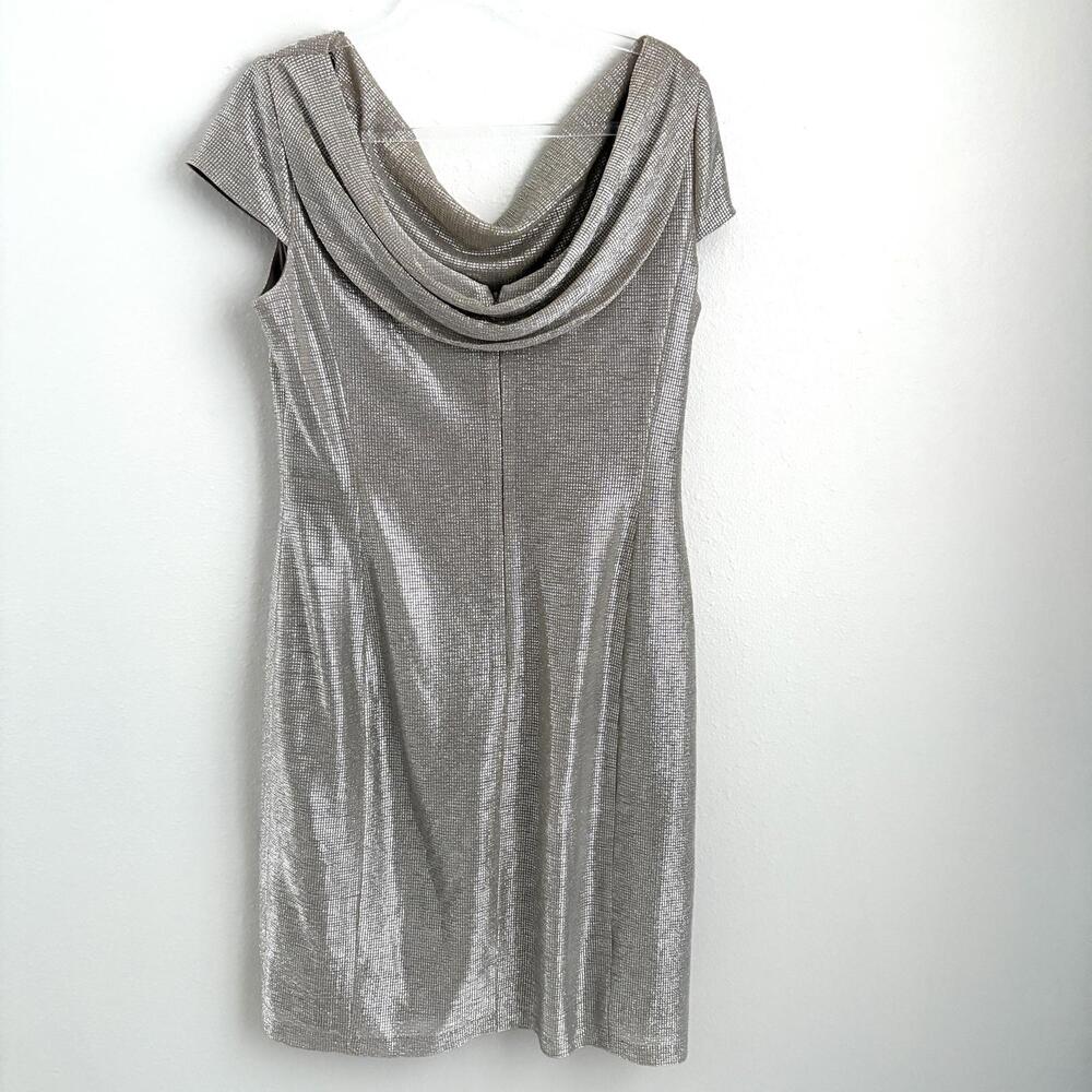 Tahari | Metallic Silver Gold Shimmer Cap Sleeve Sash Dress Size 14 - Picture 4 of 9